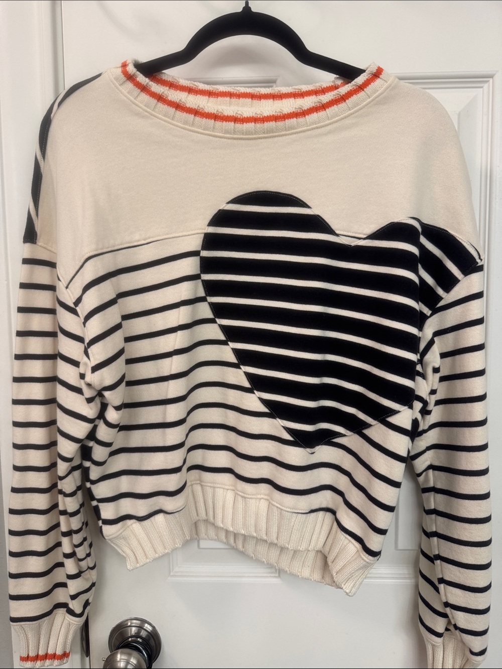 Maeve Cream and Black Striped Heart Sweater with Orange Trim